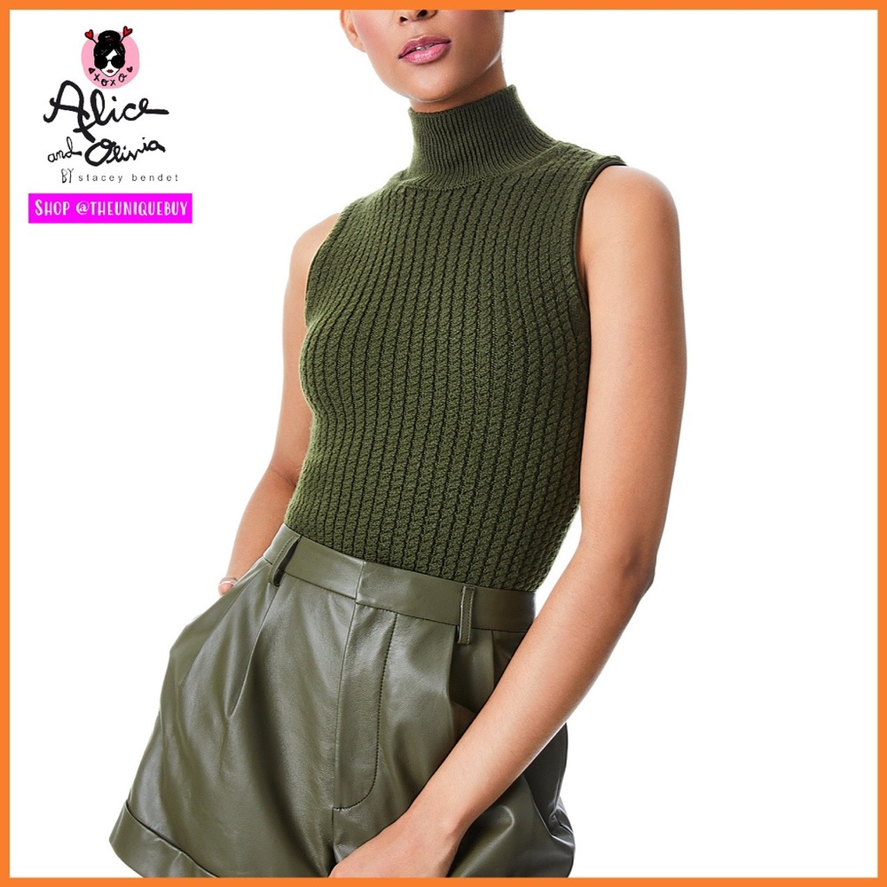 Alice + Olivia Darina Mock Neck Olive Green Sweater Tank Top